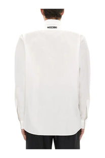 White moschino men’s cotton poplin long-sleeved shirt with crisp collar and subtle branding at back neckline