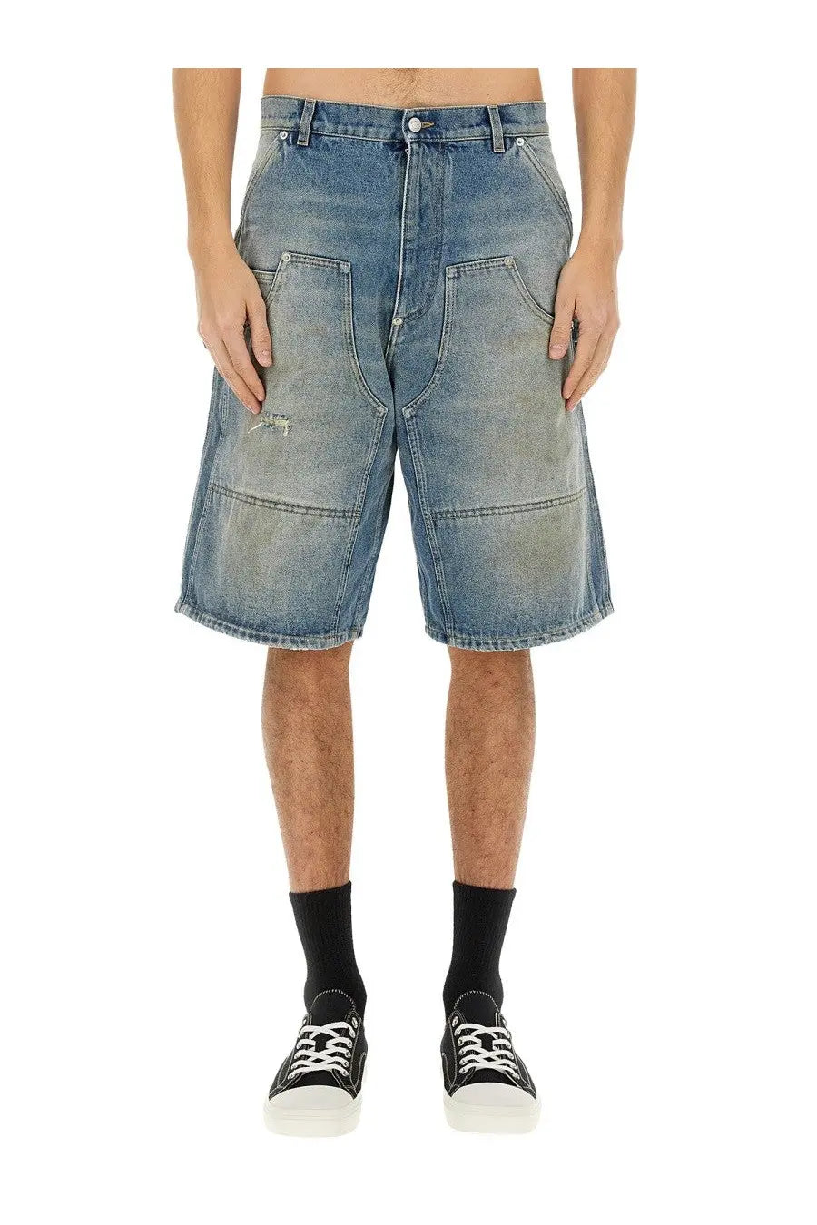 Moschino men’s distressed blue denim shorts with a relaxed fit and multiple pockets