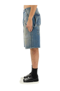 Moschino men’s blue denim shorts with multiple pockets and faded distressed finish in cotton material