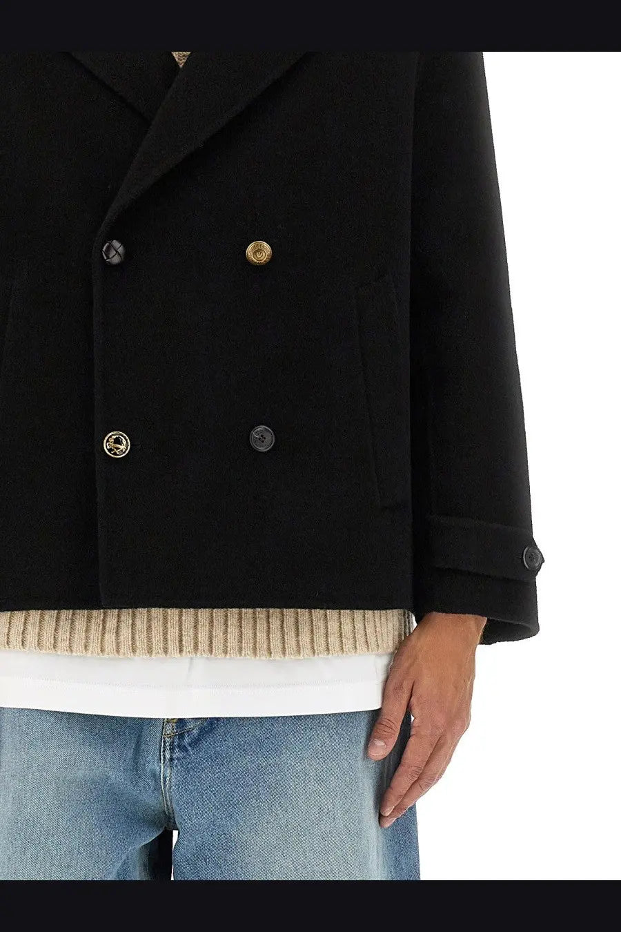 Moschino men’s black double breasted coat with gold and black buttons in wool blend fabric for stylish outerwear