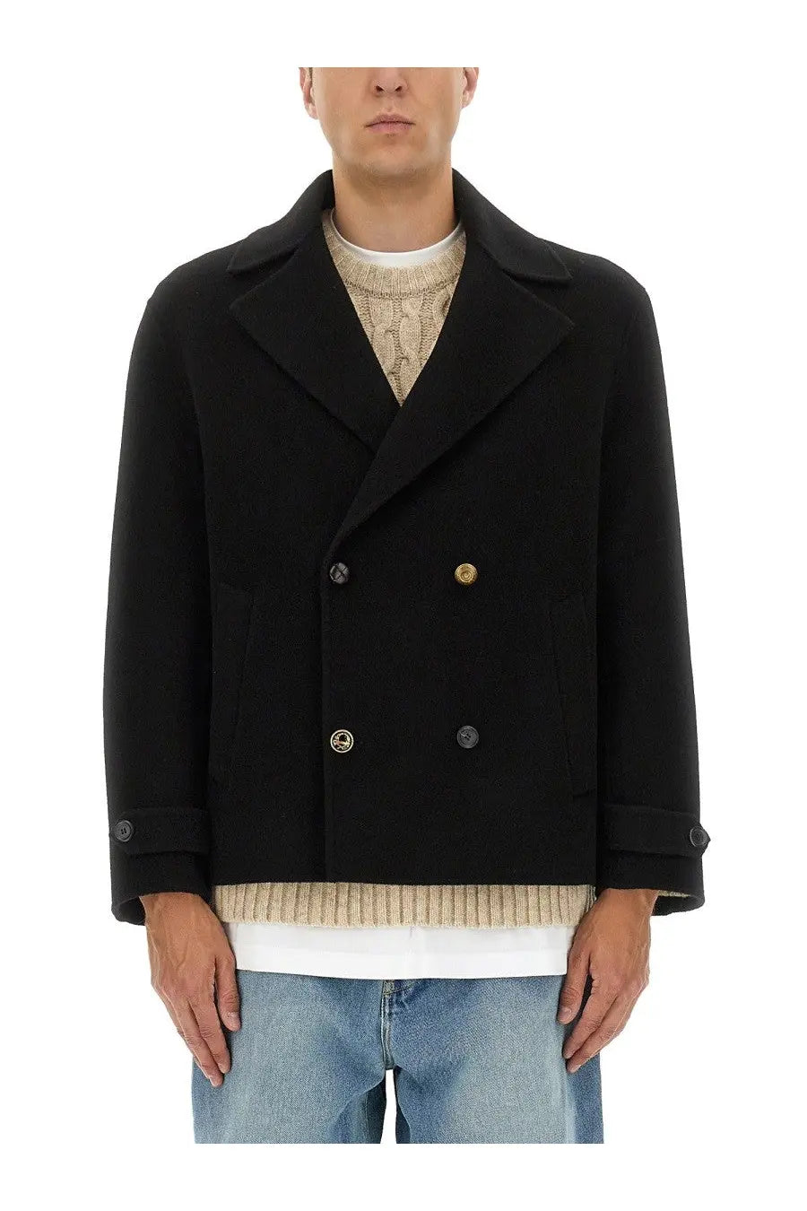 Moschino men’s black double breasted wool jacket with gold toned buttons and notched lapels