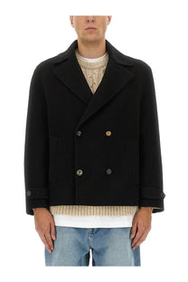 Moschino men’s black double breasted wool jacket with gold toned buttons and notched lapels