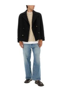 Moschino men’s black double breasted wool pea coat with gold toned buttons for stylish outerwear