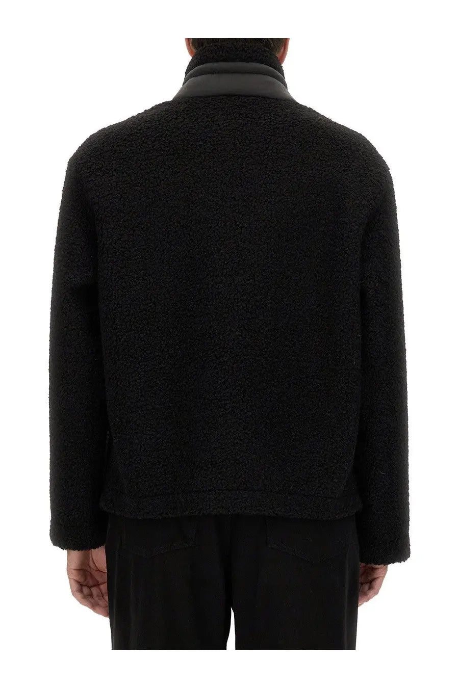Moschino men’s black shearling jacket with high collar and soft textured fleece material