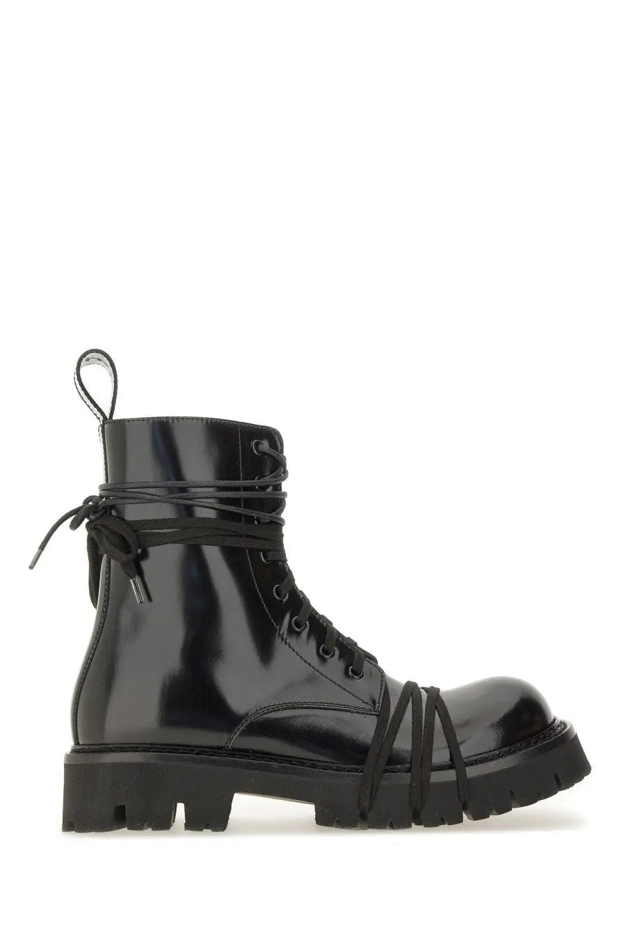 Moschino men’s black patent leather combat boot with crisscross lacing and chunky sole front view