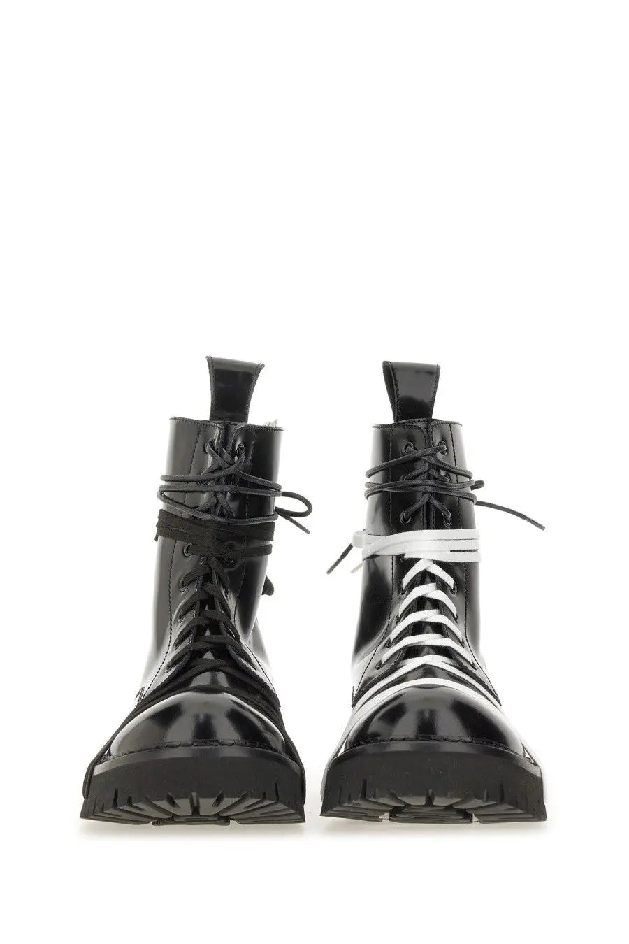 Moschino men’s black patent leather combat boots with white laces and chunky rubber sole