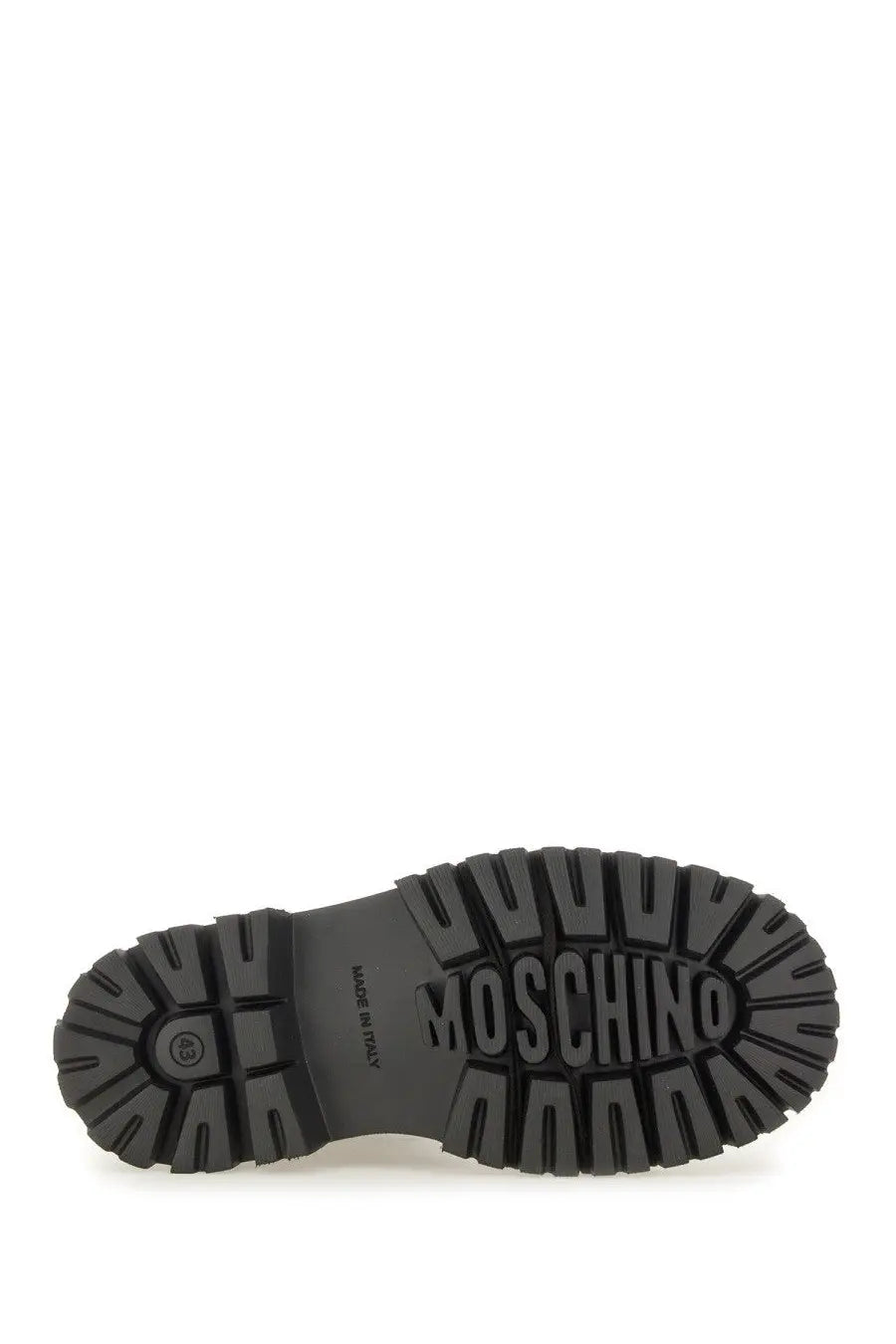 Black rubber sole with moschino embossed in bold on the textured tread of moschino men’s lace up boot black
