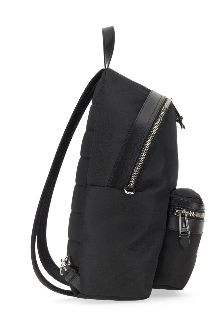 Moschino men’s large black quilted nylon backpack with leather trim and silver zippers front view