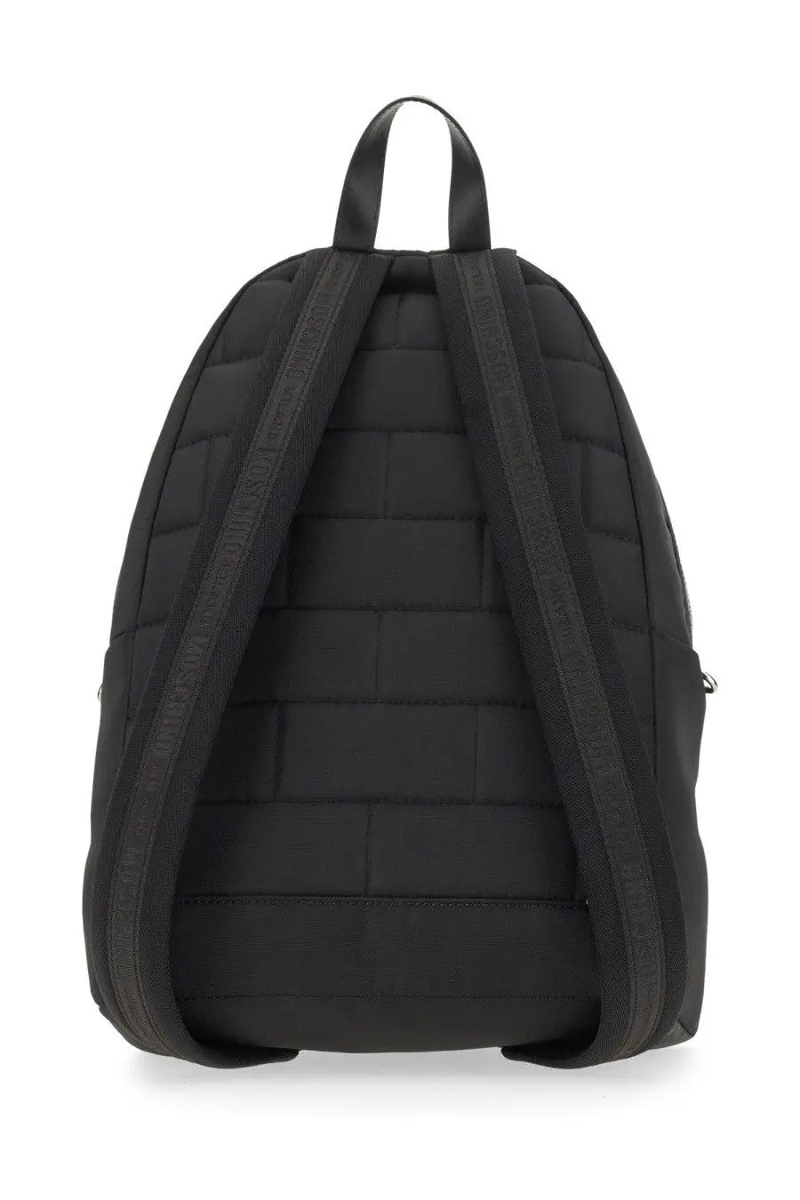 Moschino men’s large black quilted backpack with textured straps and top handle shown from the back side