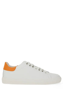 Moschino men’s white leather low top sneaker with vibrant orange heel tab and silver eyelets front view