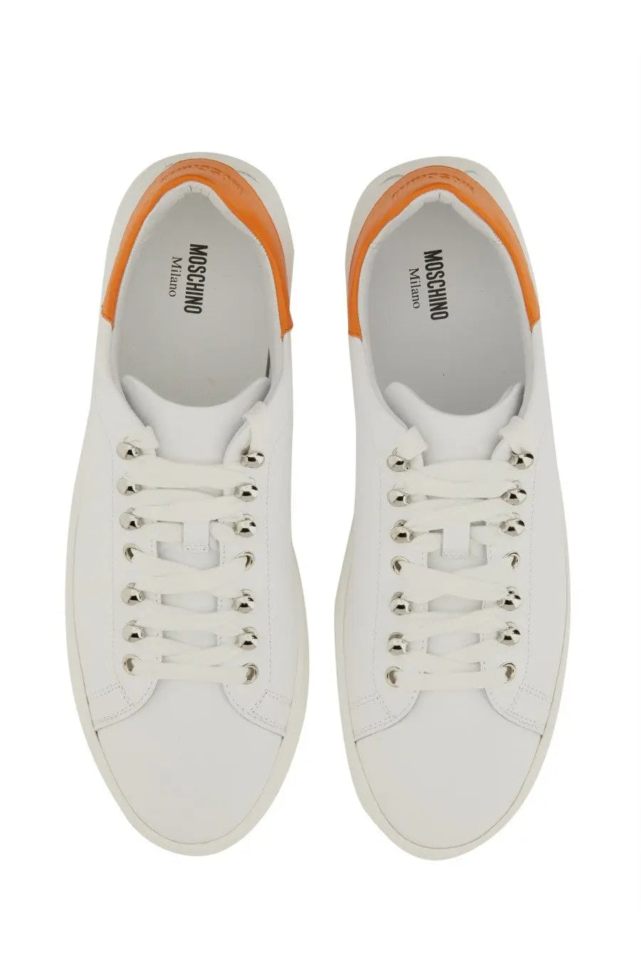 Moschino men’s white leather sneakers with orange accents and silver eyelets for casual wear