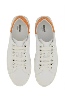 Moschino men’s white leather sneakers with orange accents and silver eyelets for casual wear