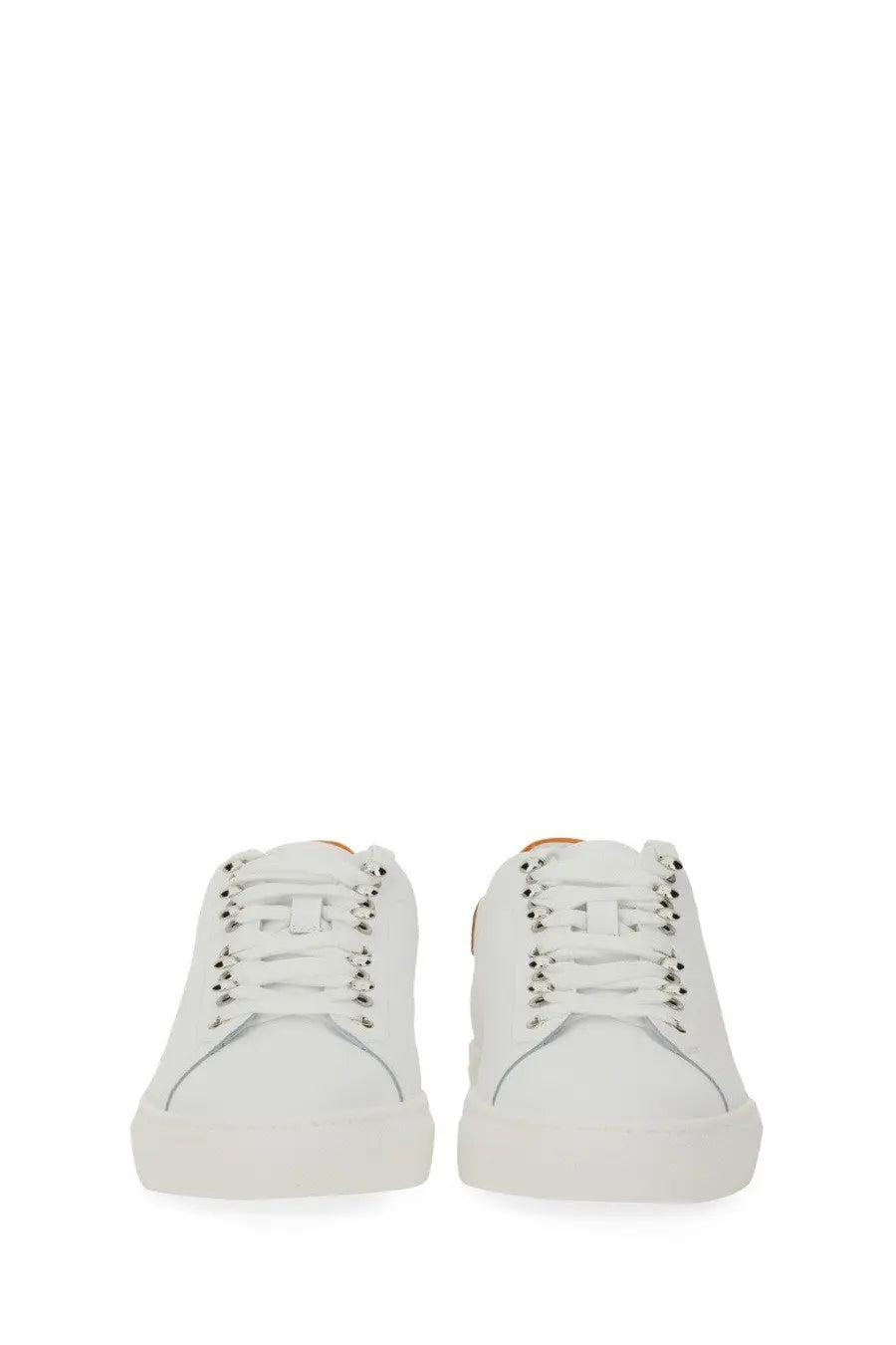 Moschino men’s white leather sneakers with silver-tone eyelets and clean minimalist design