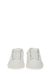 Moschino men’s white leather sneakers with silver-tone eyelets and clean minimalist design