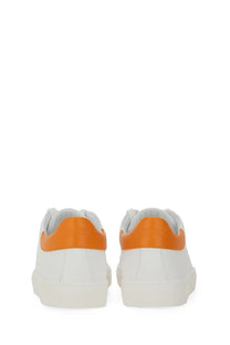 Moschino men’s white leather sneakers with vibrant orange heel tab and matching brand logo visible from the back side