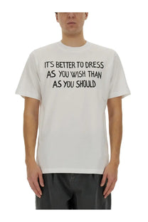 White cotton Moschino men’s t-shirt with black message print it’s better to dress as you wish than as you should