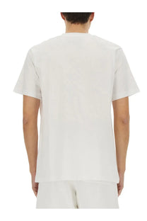 White cotton Moschino men’s message print shirt with crew neck and short sleeves front view