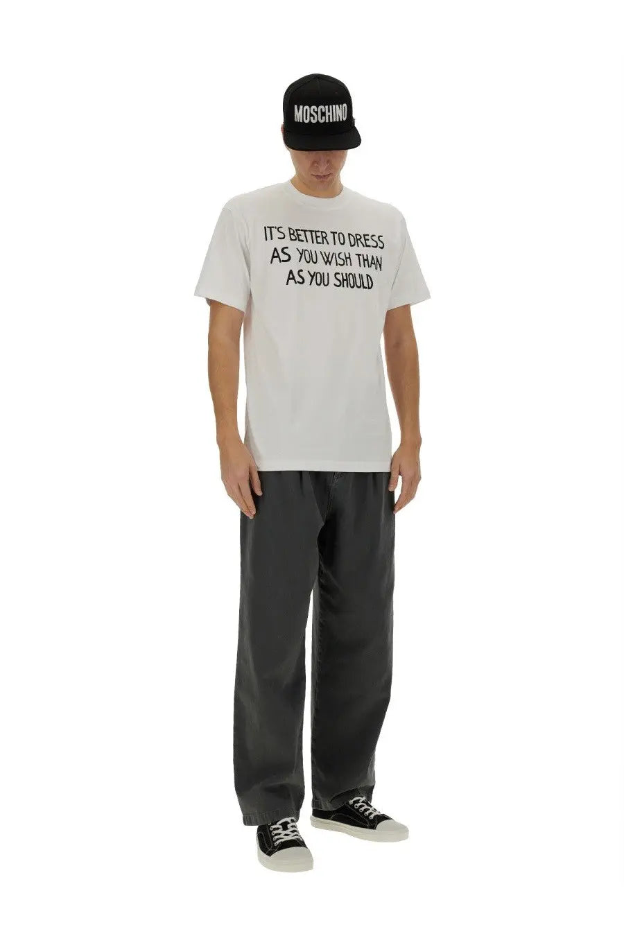 Moschino men’s white cotton t-shirt with black message print it is better to dress as you wish than as you should