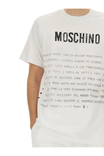 Moschino men’s white cotton t-shirt with bold black italian typographic message print on front