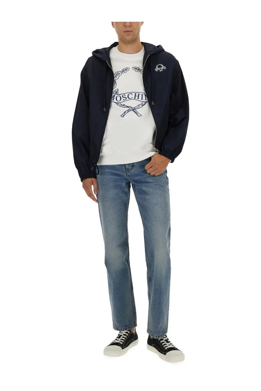 Moschino men’s navy blue nylon hooded jacket with small embroidered skull logo on left chest