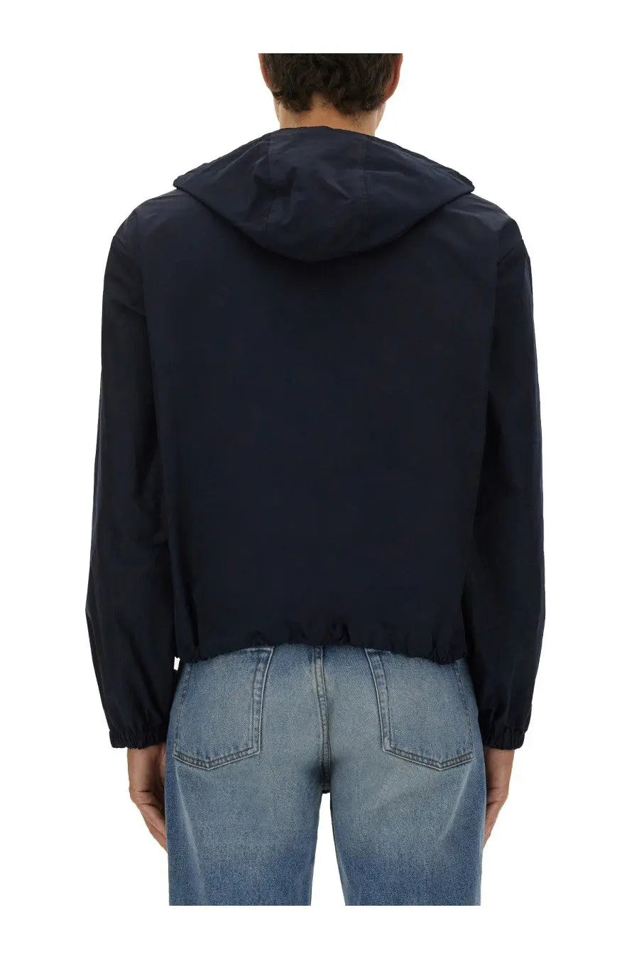 Moschino men’s navy blue nylon jacket with hood lightweight fabric and elasticated cuffs for casual wear