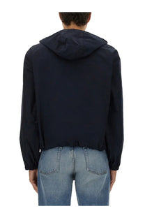 Moschino men’s navy blue nylon jacket with hood lightweight fabric and elasticated cuffs for casual wear