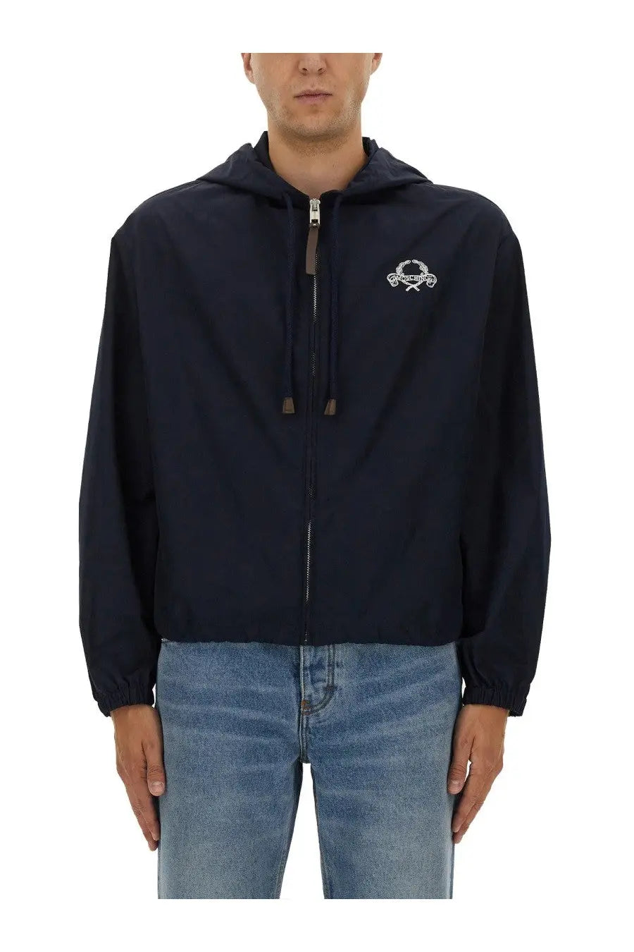 Navy blue Moschino men’s nylon hooded zip-up jacket with white embroidered logo on the chest