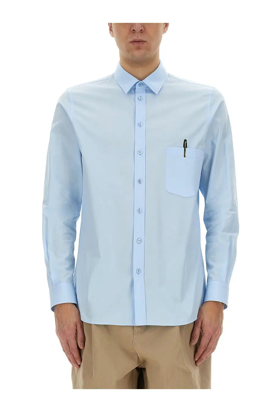 Light blue moschino men’s office inspiration long-sleeved button-down shirt with chest pocket holding a pen
