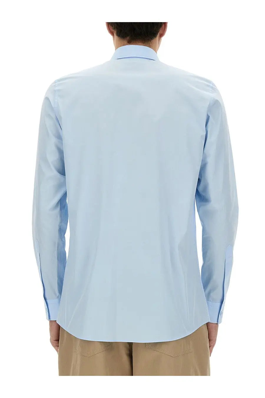 Moschino men’s office inspiration light blue long-sleeved dress shirt with tailored fit and subtle texture