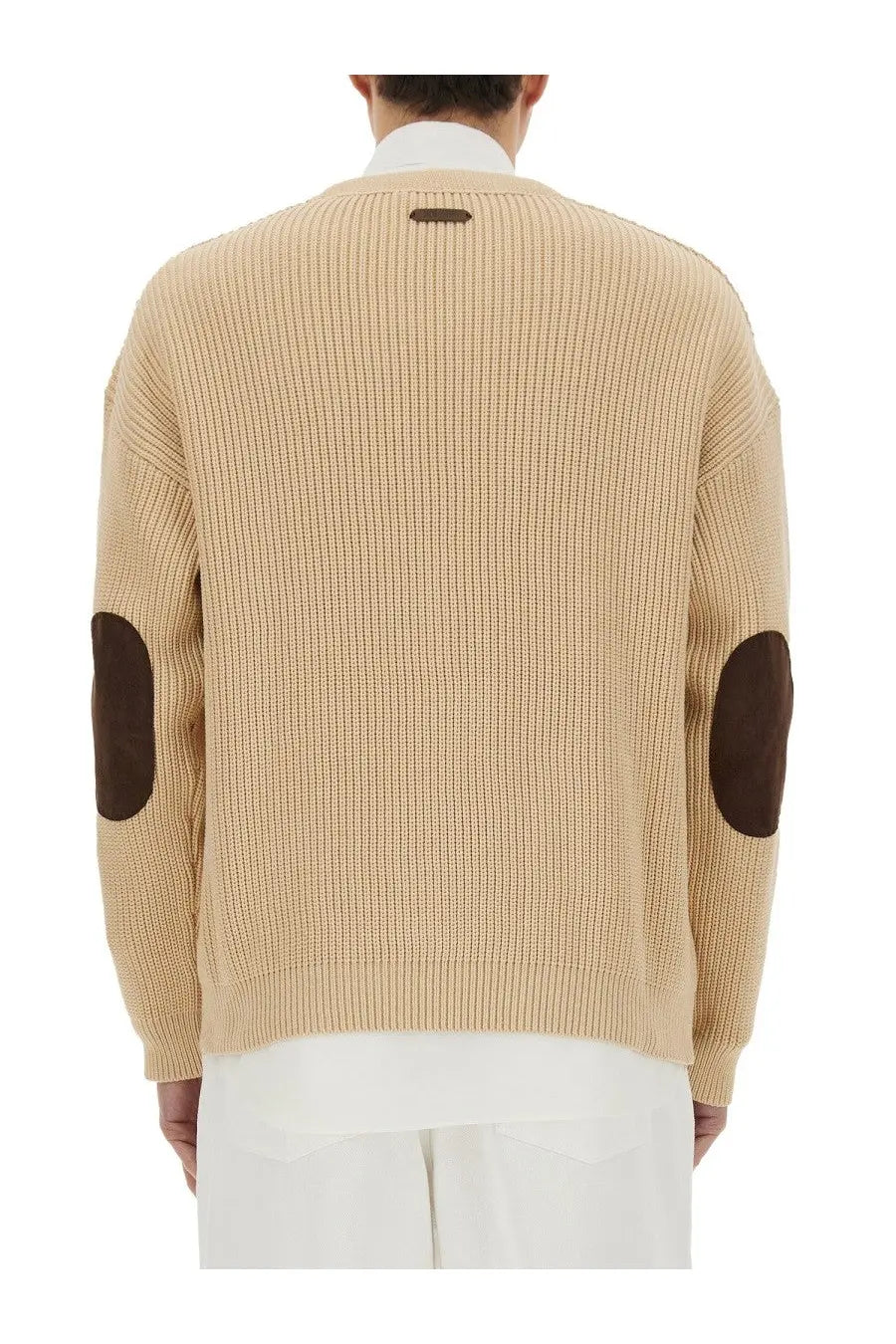 Moschino men’s beige ribbed knit organic cotton blend cardigan with dark brown elbow patches