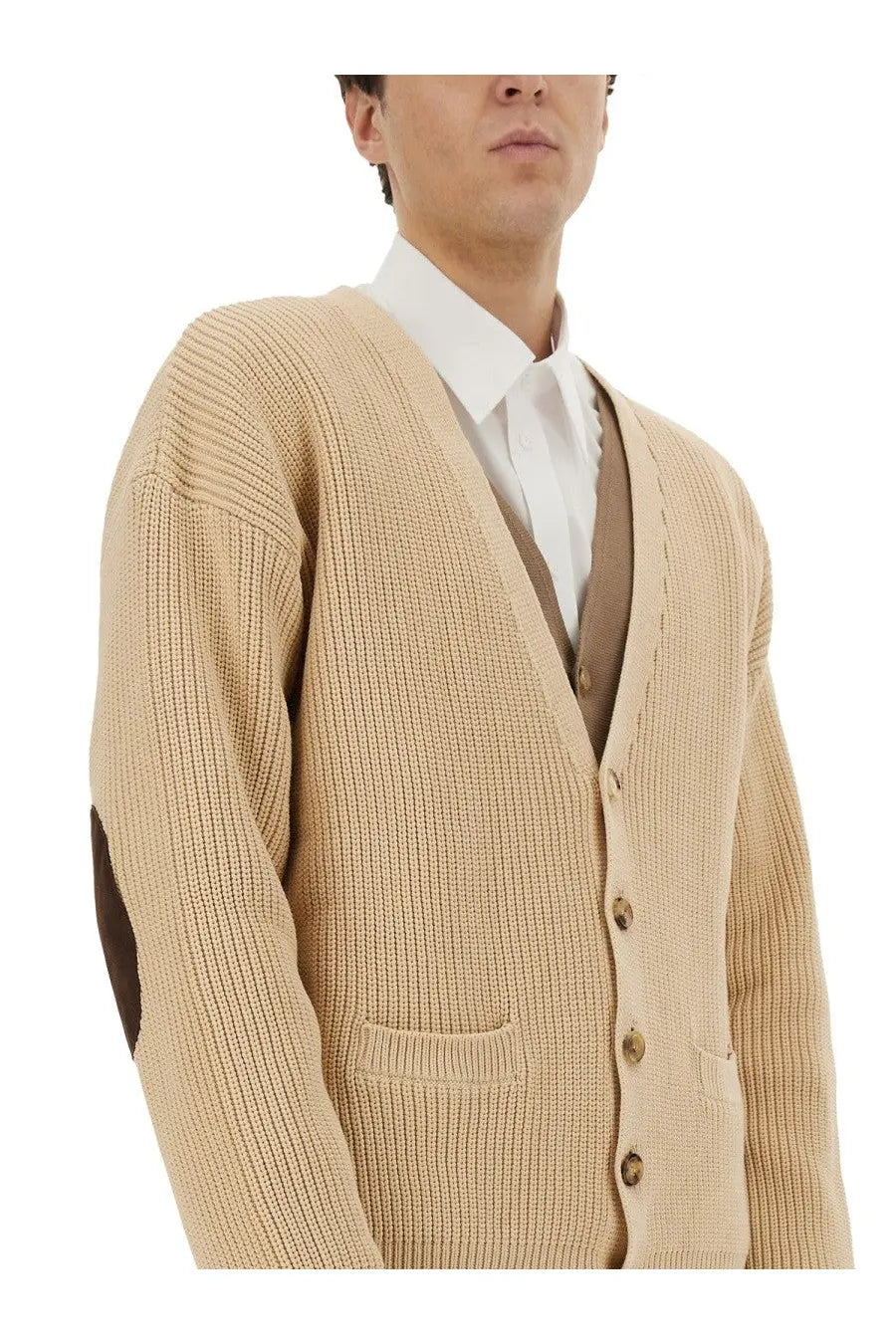 Moschino men’s beige organic cotton blend cardigan with ribbed knit texture brown elbow patches and matching buttons
