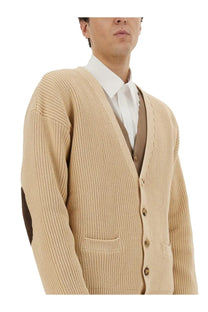 Moschino men’s beige organic cotton blend cardigan with ribbed knit texture brown elbow patches and matching buttons