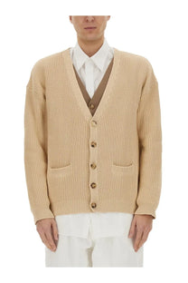 Moschino men’s beige ribbed knit organic cotton blend cardigan with wooden buttons and front pockets