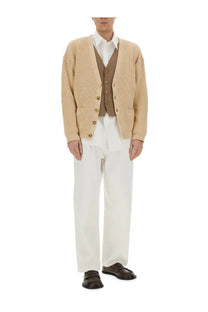 Moschino men’s beige ribbed knit cardigan with wooden buttons made from organic cotton blend