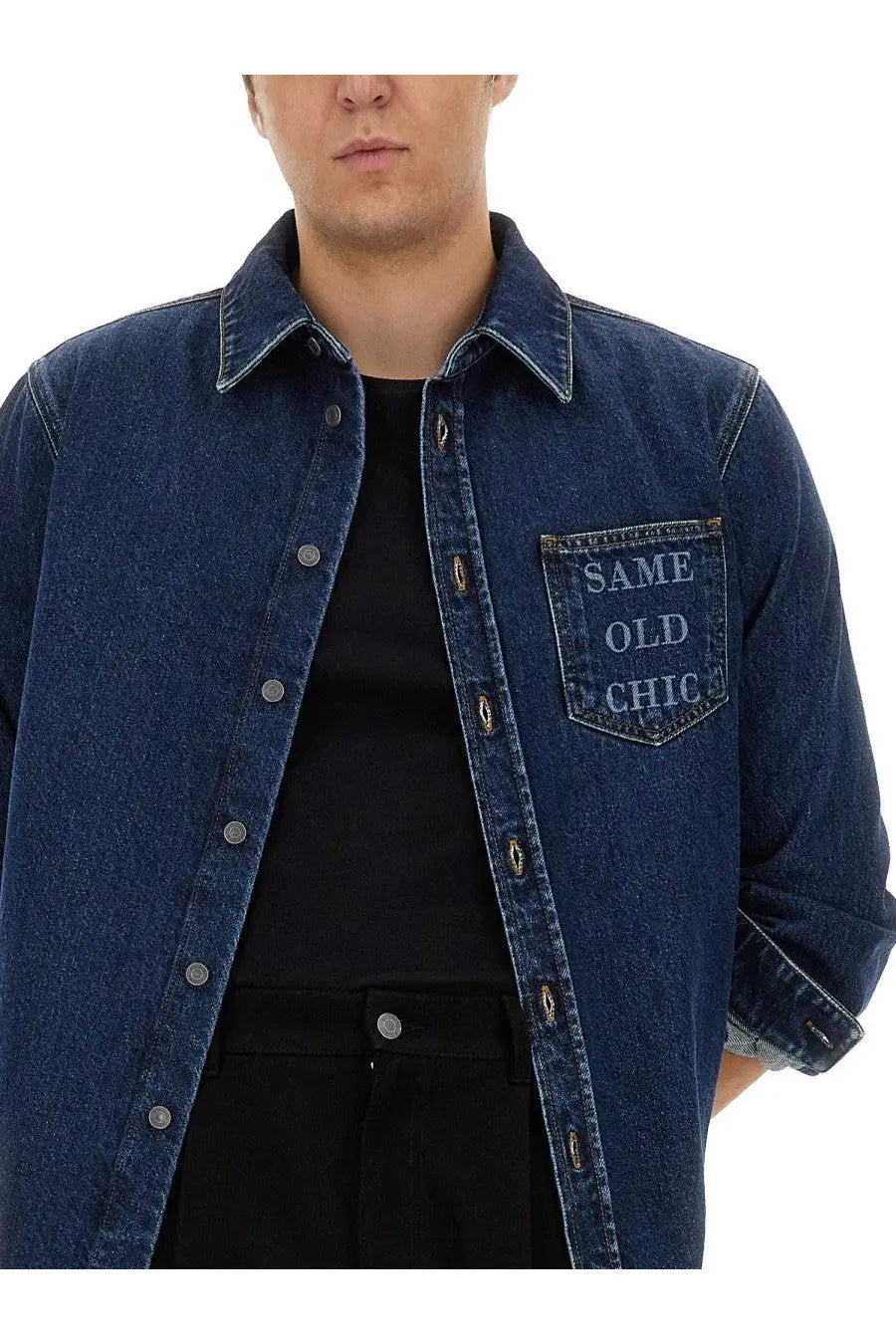 Moschino men’s dark blue denim shirt with front button closure and embroidered same old chic pocket detail