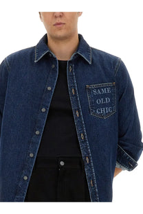 Moschino men’s dark blue denim shirt with front button closure and embroidered same old chic pocket detail
