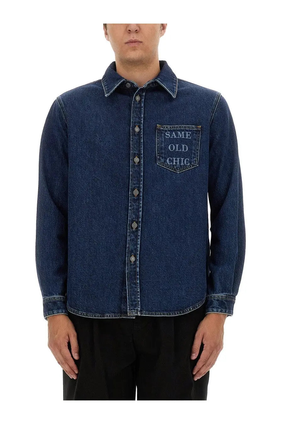 Moschino men’s dark blue denim button-up shirt with chest pocket embroidered with same old chic in white thread