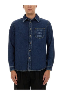 Moschino men’s dark blue denim button-up shirt with chest pocket embroidered with same old chic in white thread