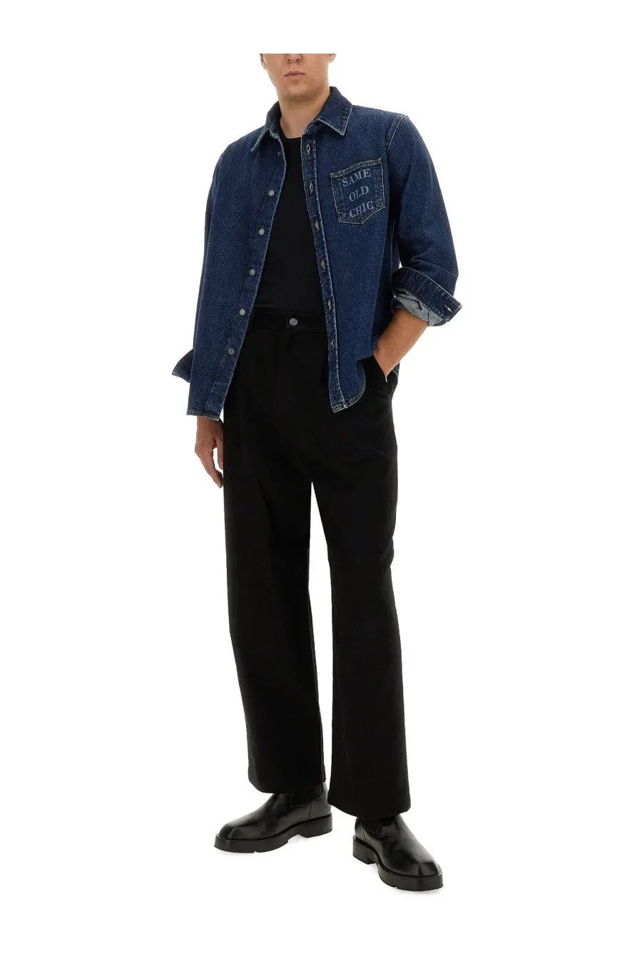 Moschino men’s blue denim shirt with chest pocket embroidered with she old chic in white thread