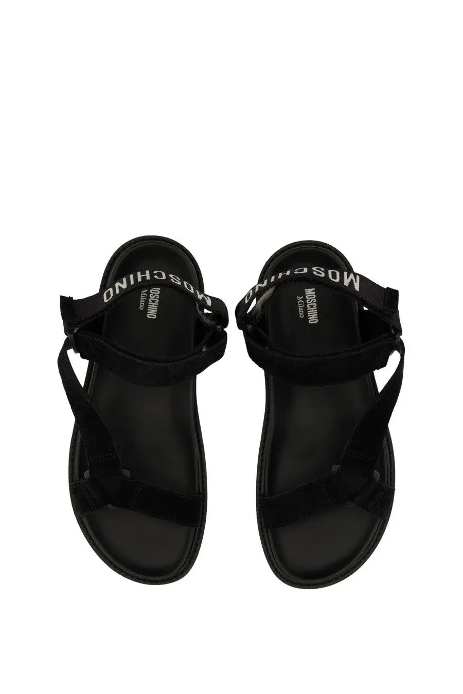 Moschino men’s sandal black with sleek minimalist design and bold white branded straps in black leather material