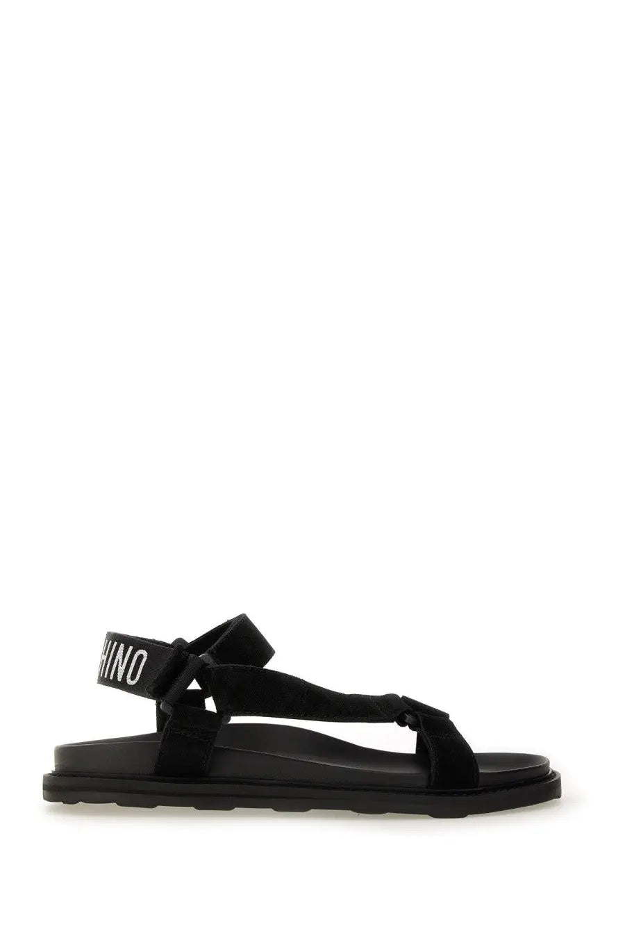 Moschino men’s black suede-look strap sandals with chunky rubber sole and white rhino logo on ankle strap