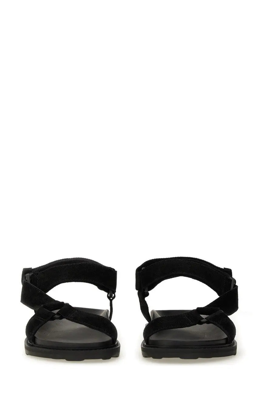 Moschino men’s black suede sandals with minimalist design and adjustable straps shown from the back side