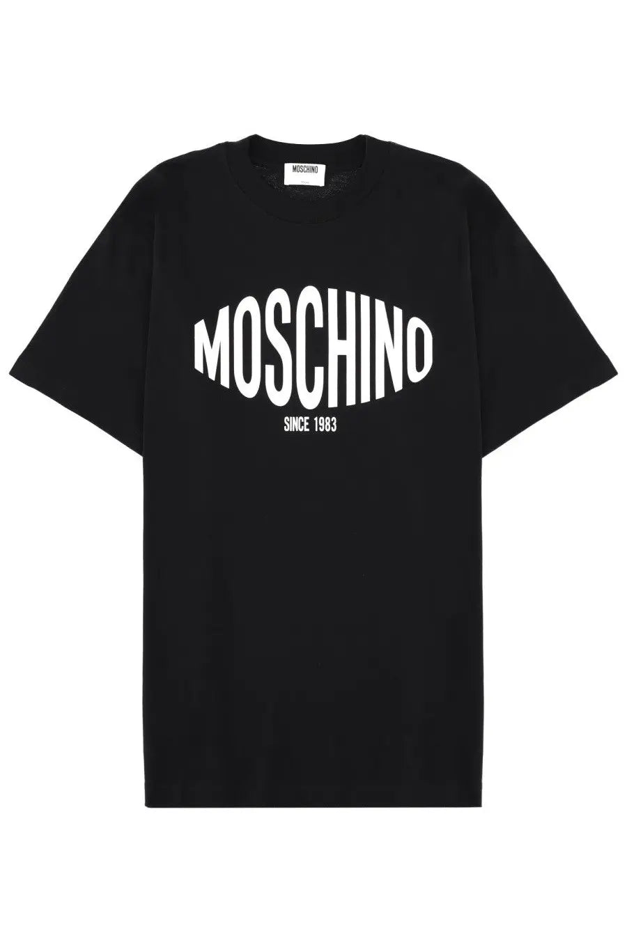 Moschino men’s black cotton t shirt with bold white moschino since 1983 logo across the chest