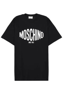 Moschino men’s black cotton t shirt with bold white moschino since 1983 logo across the chest