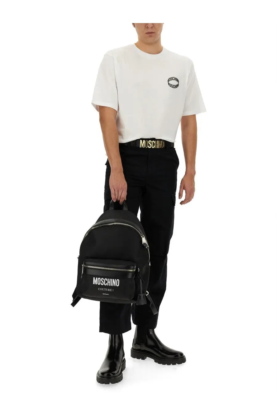 Black Moschino couture backpack with silver zippers and front pocket featuring white logo paired with Moschino men’s white shirt