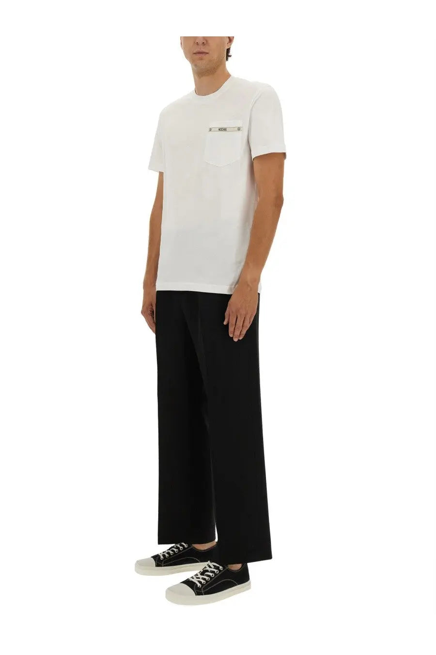 Moschino men’s white cotton t-shirt with subtle horizontal logo detail on the chest pocket