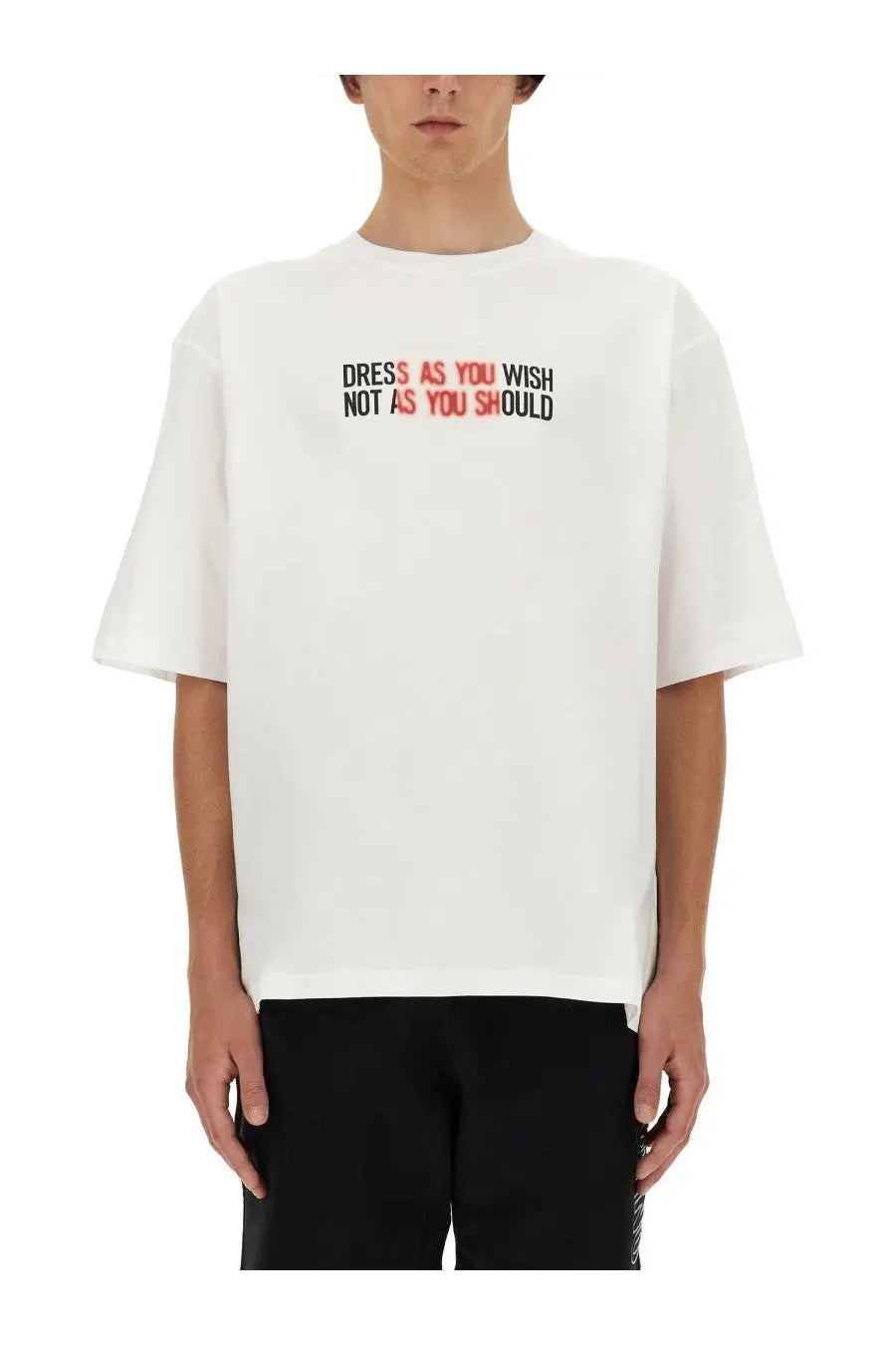 Moschino men’s white oversized short sleeve t-shirt with bold black and red dress as you wish graphic across chest