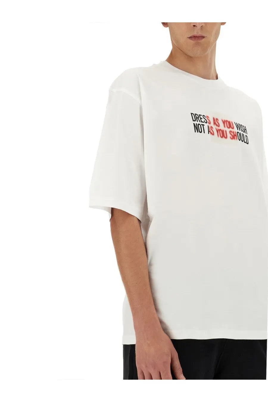Moschino men’s white oversized t-shirt with bold two-tone graphic print dress as you wish not as you should