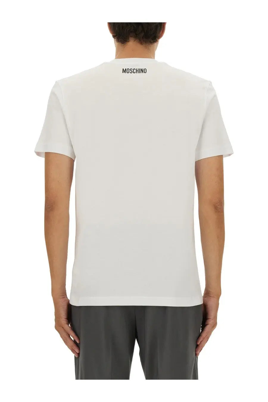 Moschino men’s white t-shirt with black logo at the neckline made from soft cotton material