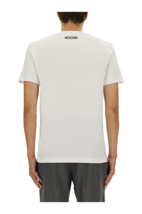 Moschino men’s white t-shirt with black logo at the neckline made from soft cotton material